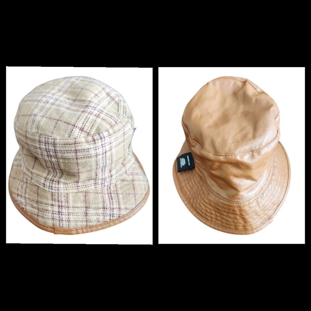 Steve Madden Reversible Plaid and Tan Faux Leather‎ Bucket Hat